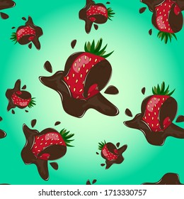 Seamless pattern.Chocolate coated strawberry with shadow and spray on a white background. Detailed vector icons. A series of food and drink and culinary ingredients.