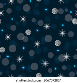 Seamless pattern,Christmas decoration, dark blue background, neon garland,  balls, snowflakes, stars, festive decor, New Year, vector