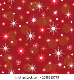 Seamless pattern,Christmas decoration, red background, balls, snowflakes, stars, festive decor, New Year, vector