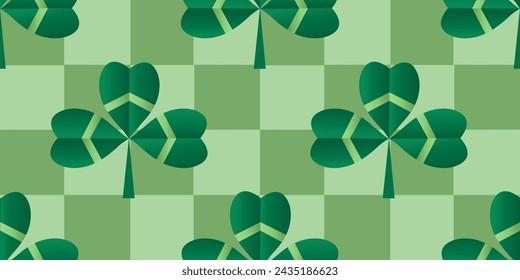 Seamless pattern.Clover. Irish shamrock leaf on a checkered background.Saint Patrick's Day holiday symbol.