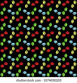Seamless pattern,colored animal tracks on black background, vector