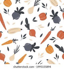 Seamless Pattern.Colorful Bright Vegetables on White Background for Design.Vector Illustration