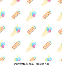 Seamless pattern.Colorful ice cream pattern perfect for restaurant menu backdrop, food concept, ice cream bar, t-shirts, flyers, cards and prints.Vector illustration with ice cream and popsicle.