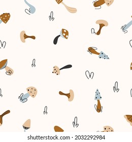 Seamless Pattern.Colorful Mushrooms on Light Background Modern Style. Vector Illustration