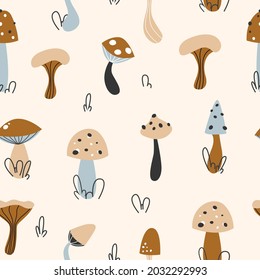 Seamless Pattern.Colorful Mushrooms on Light Background Modern Style. Vector Illustration
