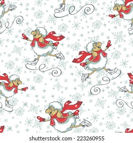 Seamless pattern.Cute cartoon sheep with  snowflakes figure skating.Winter sport.Symbol 2015 year sheep.Use for fabric,Wallpaper,background,wrapping paper.Vector