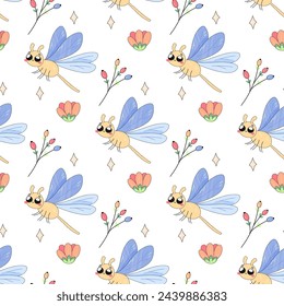 Patrón sin costura, libélula simple linda, insecto insecto insecto, dibujos animados, bebé, sobre fondo blanco para tela, papel de embalaje, papel pintado