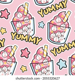 Seamless pattern.Cute soft ice cream with rabbit bubble on pink background.Yummy text.Animal character design.Kid graphic.Repeat.Isolated.Art.Sweet.Kawaii.Vector.Illustration.