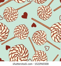Seamless pattern.Delicious sugar lollipops on abstract candy.