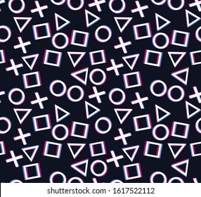 Seamless pattern.Design game play station 4 symbols icons playstation 5.Square, cross, circle, triangle on a dark background. svg