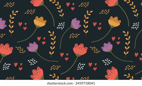 Seamless patterned background with cartoonish colourful flowers. Cute botanical shapes, leaves, decorative abstract vector illustration on black dark rectangular background