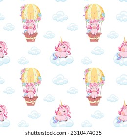 Seamless patterned background drawn cartoon cute pink unicorns flying in balloon in clouds. Holiday texture design for fabric, print, cover, paper, packaging, baby shower, card. Vector illustration.