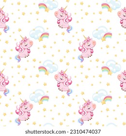 Seamless patterned background drawn cartoon cute pink unicorns, rainbows, clouds, stars . Holiday texture design for fabric, print, cover, paper, packaging, baby shower, card. Vector illustration.