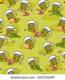 seamless patterned background: mugs with foam, attracting beer, fragrant shrimps, fresh shawarma, pistachios