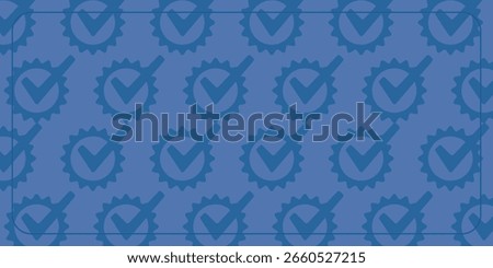 Seamless patterned blue background with check mark icon. Design for banners, posters, greeting cards, social media.