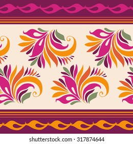 Seamless patterned border.Branch with autumn leaves. Russian folk traditional painting. Stylized pattern for textile, wrapping paper and tissue.