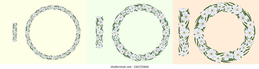Seamless patterned brush of white narcissus flowers and green leaves. Wreaths from this brush of different size on a colored background. Element for botanical ornament.