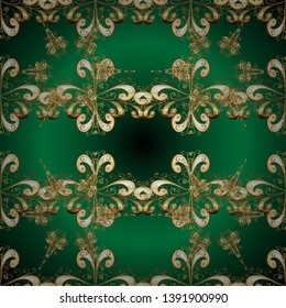 Seamless. Patterned carpet with a border frame. Vector illustration. Illustration on beige and green colors. Colorful oriental mosaic with a classic traditional flower motif and geometric ornament.