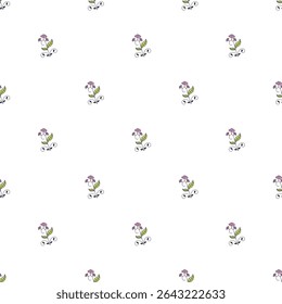 A seamless patterned design showcasing small purple flowers with green leaves scattered on a white background, perfect for textile, wallpaper, and stationery usage or crafting decorative projects