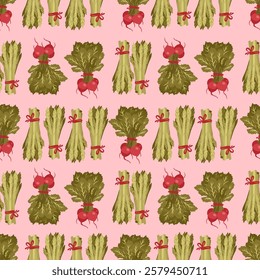 Seamless Patterned spring radishes, asparagus on pink background. Fresh healthy vegan food. Organic produce, vegetables on white background.