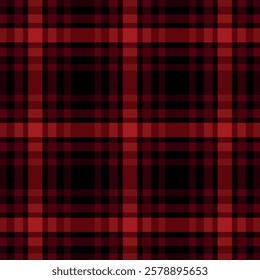 A seamless patterned tartan fabric with a black and red checkered pattern