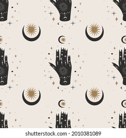 Seamless Pattern.Esoterics painted hand mehendi of sun, moon,stars,Alchemy esoteric mystical magic celestial talisman isolated.Spiritual occultism object.Vector illustration. Endless Background Print