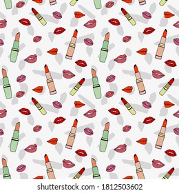 Seamless pattern.Fashionable set of lipsticks and lips. Vector stock illustration eps10. 