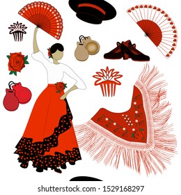 Seamless pattern.Flamenco dancer in traditional spanish costume with different flamenco attributes.