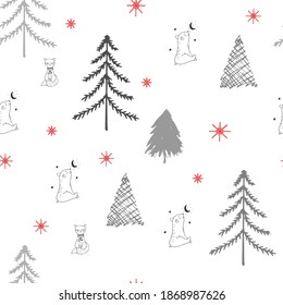 Seamless pattern,forest with trees, under the tree bear and fox ,gray trees on a white background