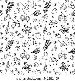 Seamless Pattern.Fresh berries -gooseberries, wild strawberry, currant.Background in vector.