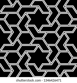 Seamless pattern.Geometric background.Polygons motif. Ethnic backdrop. Stars, hexagons, figures ornament. Hexagonal, star shapes wallpaper. Digital paper, abstract.