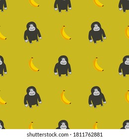 Seamless pattern.Gorilla with a banana on yellow background. Vector .A herd of monkeys, gorily, chimpanzees are following each other.