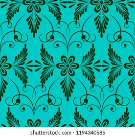 Seamless pattern.Green flowers and leaves on a turquoise background.