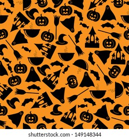 seamless pattern.halloween background.halloween black symbols on an orange background.vector