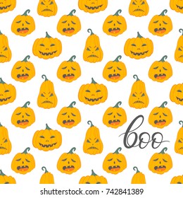 Seamless pattern.Halloween pattern with angry pumpkins and lettering boo. Perfect for prints, flyers, banners, invitations,greeting scrapbooking,congratulations and more.Vector Halloween illustration.