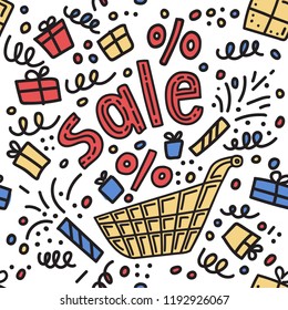 Seamless pattern.Hand drawing trading symbols background. Discounts. Big sale. Doodle sketch style, vector illustration. For vertical banners, posters, leaflets. Gifts