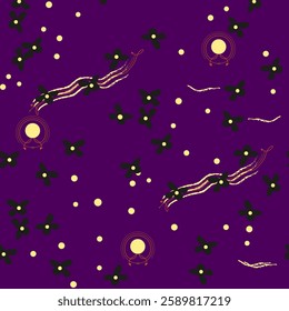 seamless pattern.hand drawn. blossoming sakura branch on sky background. flowers, moon, stars. abstract vector illustration.