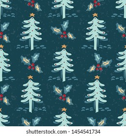 Seamless pattern.Hand drawn stylized Christmas tree. Fir holly leaf forest on green background. Traditional winter holiday all over print. Festive yule gift wrapping paper illustration. Vector swatch