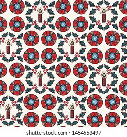 Seamless pattern.Hand drawn stylized Christmas wreath candle. Festive holly flower background. Traditional winter holiday all over print. Red green yule gift wrapping paper illustration. Vector swatch