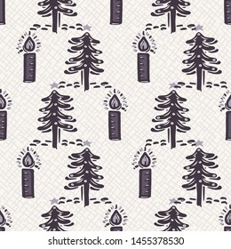 Seamless pattern.Hand drawn stylized Christmas tree. Fir holly leaf forest on green background. Traditional winter holiday all over print. Festive yule gift wrapping paper illustration. Vector swatch