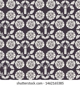 Seamless pattern.Hand drawn stylized Christmas wreath candle. Festive holly flower background. Traditional winter holiday all over print. 