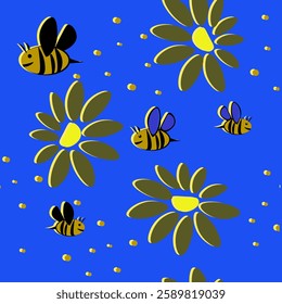 seamless pattern.hand drawn.flowers,stars,bees.abstract vector illustration.