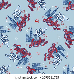 Seamless pattern.Hello London. Lettering. Sketch Big Ben. England. Blue background. Vector.