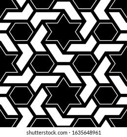 Seamless pattern.Hexagonal, star shapes wallpaper. Stars, hexagons, figures ornament.Digital paper, abstract.Geometric background. Polygons motif.Ethnic backdrop.