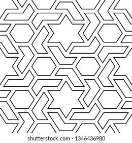 Seamless pattern.Hexagonal, star shapes wallpaper.Geometric background. Ethnic backdrop. Stars, hexagons, figures ornament.Polygons motif. Digital paper, abstract