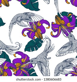 seamless pattern,Hummingbird, tropical flowers , vector illustration hand drawing isolated on white background