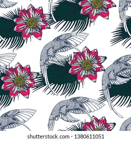 seamless pattern,Hummingbird, tropical flowers , vector illustration hand drawing isolated on white background