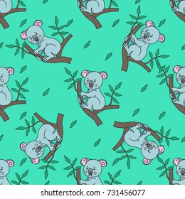 Seamless pattern.Koala on a eucalyptus tree branches with leaves.Australian marsupial bear.tropical animal on a green background.Vector illustration. Print for textile, paper, scrapbooking,wallpapers.