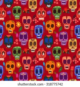 Seamless pattern-Mexican day of the dead. Cute skulls and flowers  in a colorful style.