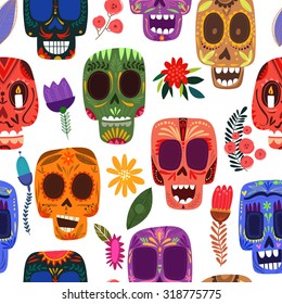 Seamless pattern-Mexican day of the dead. Cute skulls and flowers  in a colorful style.